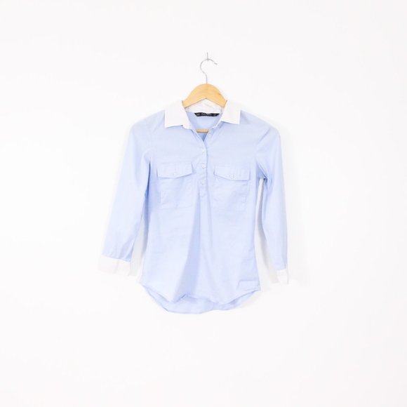 *Zara Basic Blue 3/4 Button Down Blouse - Picture 1 of 5